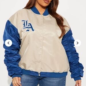 Cream & Blue LA Letterman Varsity/ Bomber Jacket w/ Ruched Sleeves